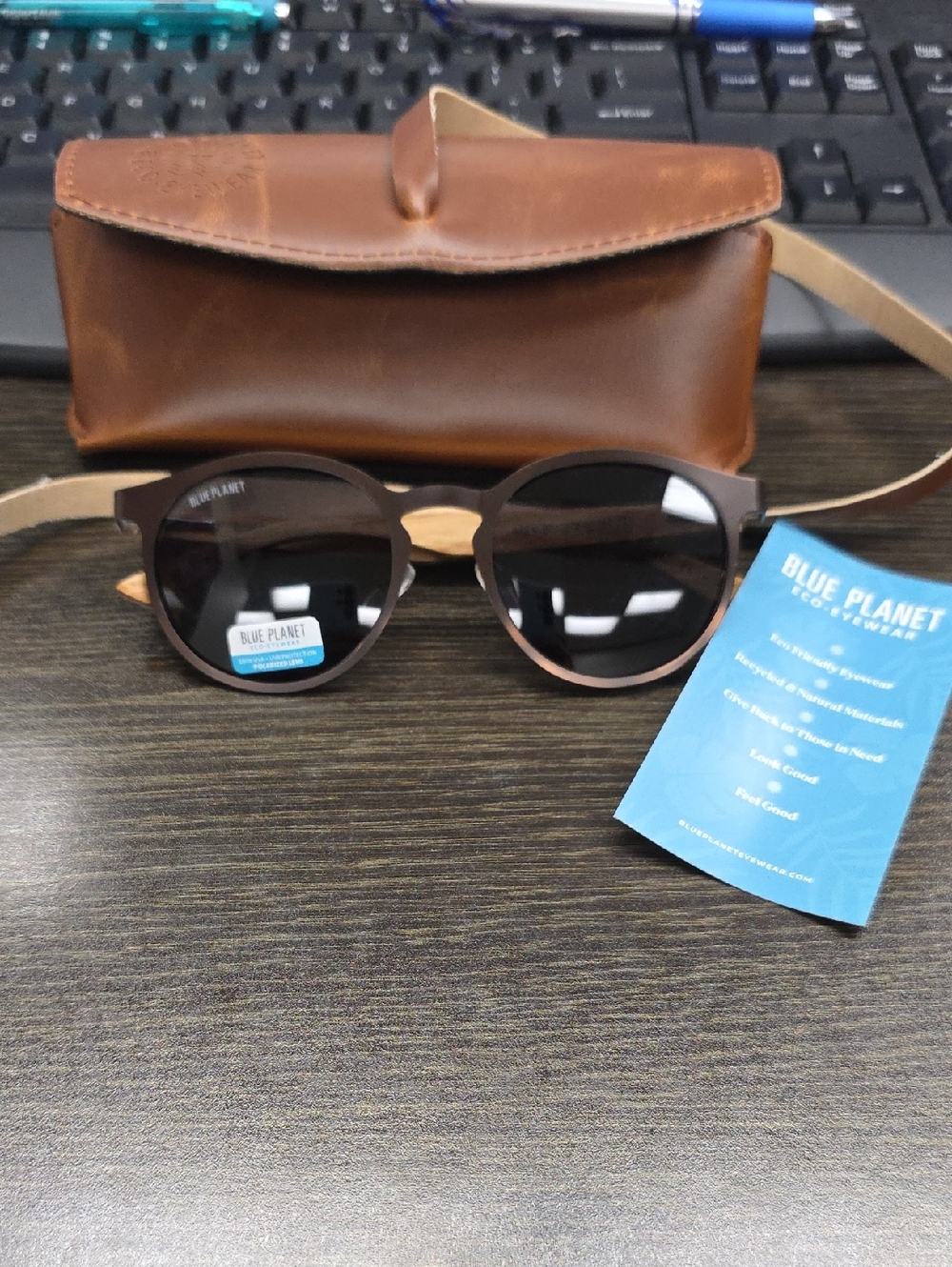 Blue Planet Round Sunglasses in Brown with Leather Case